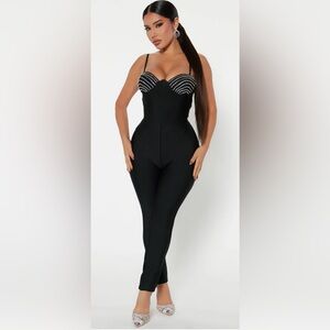 Large Black Fashion Nova Rhinestone Jumpsuit with tags
